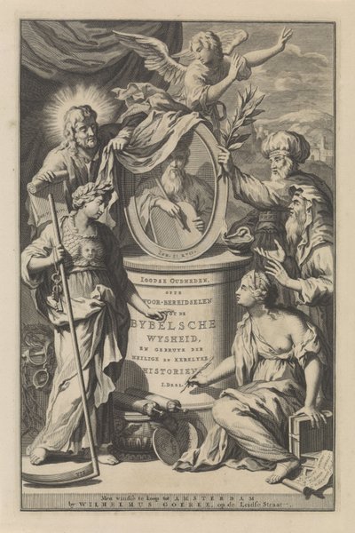 Raamatun luvut paljastavat Mooseksen muotokuvan Nimisivu julkaisulle Wilhelmus Goeree, Preparations for Bible Wisdom, and the Use of Sacred and Church History, 1690 tekijältä Gilliam van der Gouwen