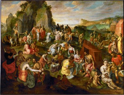 Mooses ammentaa vettä kalliosta (maalaus tammipuulle) tekijältä Gillis Mostaert