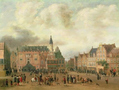 Ilmoitus Bredan rauhasta Grote Marktissa Haarlemissa, n. 1667 tekijältä Gillis Rombouts