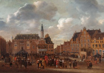 Münsterin rauhansopimuksen julistus vuonna 1648 Haarlemin kaupungintalon parvekkeelta käsin. tekijältä Gillis Rombouts
