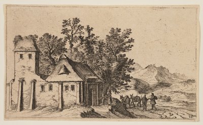 Maatila ennen puita mäkisessä maassa, alkaen Twelve Landscapes (Kaksitoista maisemaa) tekijältä Gillis van Scheyndel