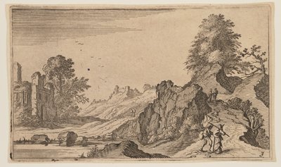 Jalankulkijoita polulla kallioiden äärellä, vasemmalla veden takana olevat rauniot, teoksesta Twelve Landscapes (Kaksitoista maisemaa). tekijältä Gillis van Scheyndel
