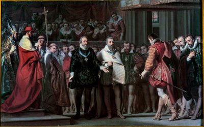 Espanjalainen Philip II tunnustaa Henrik IV:n Ranskan kuninkaaksi Gillot Saint Evren (1791-1858) maalaus 1837 su. 0,17x0,71 m tekijältä Gillot Saint Evre