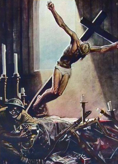 Anti-amerikkalainen toisen maailmansodan juliste - Black American Pillaging Church - Gino Boccasilen (1901-1952) juliste - Italialainen propaganda Anti USA 1943 - Gino Boccasilen (1901-1952) juliste tekijältä Gino Boccasile