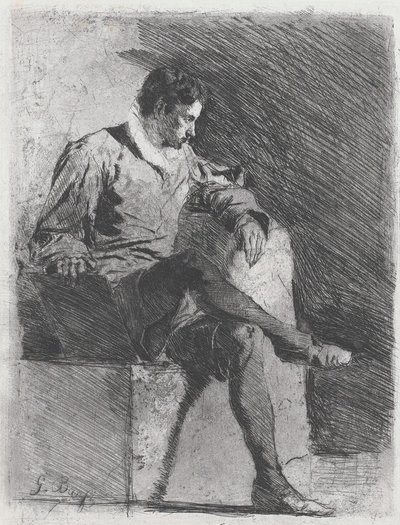 Istuva mies kuudestoista vuosisadan puvussa, n. 1878. tekijältä Gioacchino Banfi