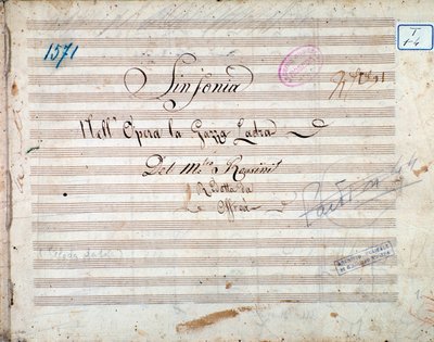 Gioacchino Rossinin La gazza ladra (Varastava harakka) sinfonian nuotit ensimmäinen sivu tekijältä Gioachino Rossini