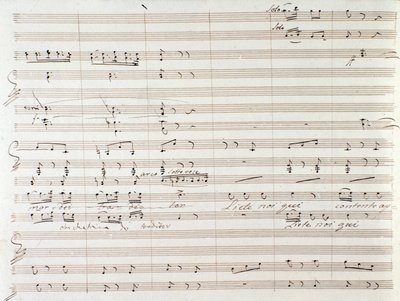 Sivu Le Comte Oryn musiikkikappaleesta Gioacchino Rossinin käsinkirjoitetuilla korjauksilla tekijältä Gioachino Rossini