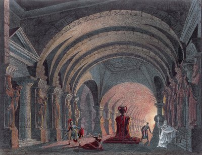 Skenografia Gioacchino Rossinin (1792-1868) Semiramidin IV näytökseen, kaiverrus tekijältä Gioachino Rossini
