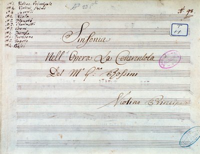 Gioachino Rossinin Cinderella tai Goodness Triumphant -sinfonian viulun partituurin nimisivu tekijältä Gioachino Rossini