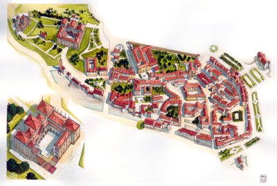 Näkymä Guimaraesin kaupungista: vasemmalla 1100-luvulla rakennettu linna ja luostari. Portugali. Kuvitus: Giorgio Albertini. (Tämän tekijän teosten käyttö ei edellytä kolmannen osapuolen lupahakemusta tai t tekijältä Giorgio Albertini