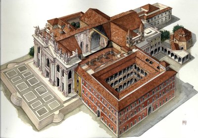 Barokkiarkkitehtuuri: Pyhän Johanneksen Lateraanin basilikan (Saint John Laterano tai San Giovanni in Laterano) rekonstruktio (17.-18. vuosisata) Rooma Kuvitus: Giorgio Albertini. (Tekijän teosten käyttö ei edellytä lupahakemusta.) tekijältä Giorgio Albertini