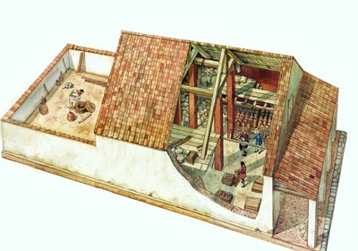 Bysanttilainen arkkitehtuuri: Ravennan kaupungin (Ravenna) sataman Classe-satama-alueen luokan myymälän, varaston, rekonstruktio keisari Justinianuksen aikana. Italia 7. vuosisata. Rakennuksen osasta voi nähdä varastoituja tavaroita. tekijältä Giorgio Albertini