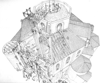 Bysanttilainen taide: Ravennassa sijaitsevan Pyhän Vitalin (Saint Vital tai San Vitale) basilikan rakennustyömaan kuva 5. vuosisadalta. Aerialainen näkymä, jossa telineillä työskentelevät työntekijät työskentelevät kupolin rungon parissa. Italia Kuvitus Gi tekijältä Giorgio Albertini