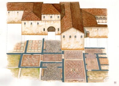 Bysanttilainen taide: näkymä kivimattojen (dei tappeti di pietra) Domus-kohteesta Ravennassa (Ravenna) 6. vuosisadalla, joka koostuu Bysantin palatsin mosaiikista. tekijältä Giorgio Albertini