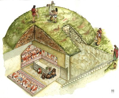 Etruskien sivilisaatio: Tarquinian nekropoliin kuuluvan Triclinion (triclinium) haudan rekonstruktio ja leikkaus. 5. vuosisata eKr. Italia Giorgio Albertinin kuvitus. tekijältä Giorgio Albertini