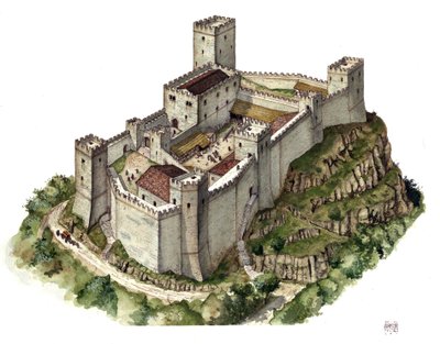 Keskiaikainen arkkitehtuuri: Canossan linnan jälleenrakennus 1100-luvulla, jolloin kreivitär Mathilde de Canossa (tai Toscanan kreivitär Mathilde) (1046 - 1115) ja paavi Gregoire VII (1015/20 - 1085) pakenivat. Italia Kuvitus Gior tekijältä Giorgio Albertini
