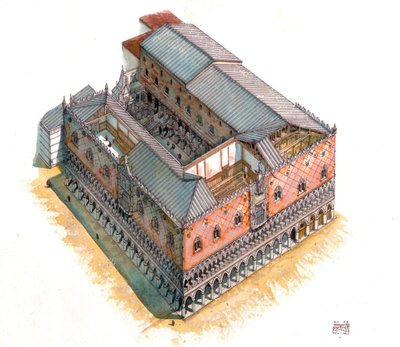 Keskiaika: ilmakuva ja arkkitehtoninen osa dogen palatsista (tai Ducalin palatsista tai Palazzo Ducale) Pyhän Markuksen aukiolla Venetsiassa 1400-luvulla. Italia tekijältä Giorgio Albertini
