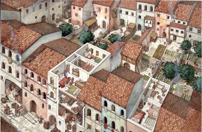 Keskiaika: ilmakuva asunnoista, poikkileikkausnäkymiä asuntojen sisätiloista Firenzessä, Italiassa 1200-luvulla. tekijältä Giorgio Albertini