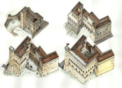 Keskiaika: ilmakuva Vatikaanin palatsin (Vaticano) rakentamisen eri vaiheista 1200-1500-luvuilla. Rooma Italia tekijältä Giorgio Albertini