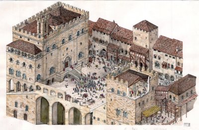 Keskiaika: ilmakuva Gubbion kaupungin keskusaukiolta (Umbria) Italiassa 1300-luvulla. Konsulien palatsi näkyy vasemmalla. tekijältä Giorgio Albertini