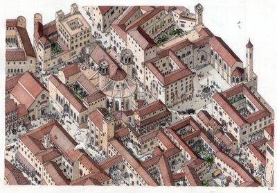 Keskiaika: Barcelonan historiallisen Barri Goticin (barrio gotico) kaupunginosan jälleenrakentaminen 1300-luvulla. Cathedrale Sainte-Eulalie (Pyhä Eulalie) on näkyvissä. Espanja Kuvitus: Giorgio Albertini. (Tämän tekijän teosten käyttö ei ole sallittua.) tekijältä Giorgio Albertini