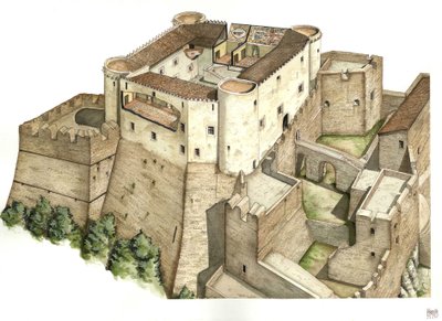 Keskiaika: 1100-luvulla rakennetun Santa Severinan linnan jälleenrakennus Catanzarossa. Calabria Italia Kuvitus: Giorgio Albertini. (Tämän tekijän teosten käyttö ei edellytä lupahakemusta kolmannelta osapuolelta tai tekijältä Giorgio Albertini