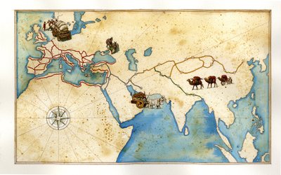 Keskiaika: Euroopan halki kulkevat päätiet (roomalaiset tiet), kuorintatiet (Jerusalem), Silkkitie Kiinaan. tekijältä Giorgio Albertini
