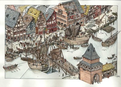 Keskiajalla: näkymä kaupallisesta toiminnasta Itämeren rannalla sijaitsevan Lübeckin sataman ympärillä. 1300-luku. Saksa tekijältä Giorgio Albertini