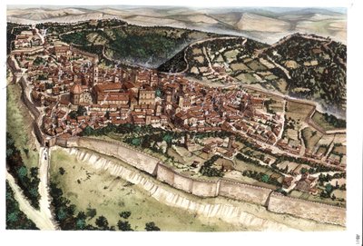 Keskiaika: näkymä Volterran keskiaikaisesta kaupungista, jota ympäröivät muurit 1300-luvulla. Toscana. Italia Kuvitus: Giorgio Albertini. (Tämän tekijän teosten käyttö ei edellytä kolmannen osapuolen lupahakemusta tai t tekijältä Giorgio Albertini