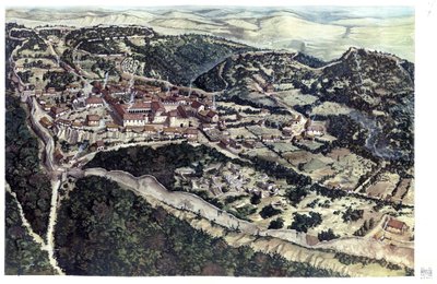 Keskiaika: näkymä Volterran keskiaikaisesta kaupungista, jota ympäröivät vallihaudat, 10. vuosisadalla. Toscana. Italia Kuvitus: Giorgio Albertini. (Tämän tekijän teosten käyttö ei edellytä kolmannen osapuolen lupahakemusta tai t tekijältä Giorgio Albertini