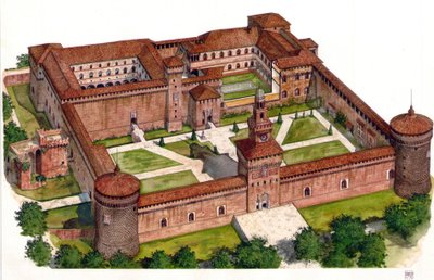 Yleiskatsaus Sforzan linnaan (Castello Sforzesco), jonka herttua Francesco Sforza rakennutti 1400-luvulla Milanossa, Italiassa. tekijältä Giorgio Albertini
