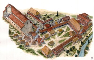 Preromaanista taidetta: ilmakuva Volturnon Pyhän Vincentin (Pyhän Vincentin) siunausluostarista (Abbadia di San Vincenzo al Volturno), joka perustettiin 800-luvulla. Castel san Vincenzo, Italia Kuvitus: Giorgio Albertini. (Tämän tekijän teoksen käyttö tekijältä Giorgio Albertini