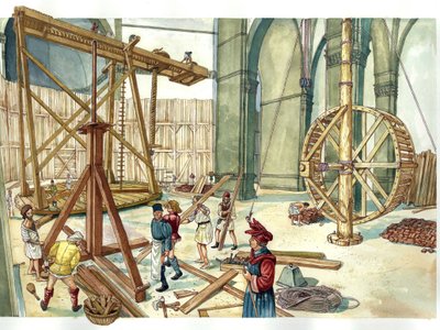 Renessanssi: Santa Maria del Fioren kirkon (Duomo) kupolin rakennustyömaan rekonstruktio arkkitehti Filippo Brunelleschin suunnitelmien mukaan. 1436. Firenze Italia Giorgio Albertinin kuvitus. (Tämän tekijän teosten käyttö ei ole s tekijältä Giorgio Albertini