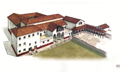 Roman Antiquite: meriportin (domus di porta marina) paikan rekonstruointi Ostia anticassa (antiikin Ostia) 4. vuosisadalla Italiassa. tekijältä Giorgio Albertini