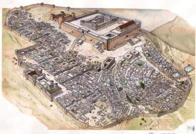 Roomalainen antiikki: Jerusalemin kaupungin jälleenrakennus, temppeli hallitsee kaupunkia, Antonia-linnoituksen vieressä, jossa sijaitsi roomalainen varuskunta. Israel. tekijältä Giorgio Albertini