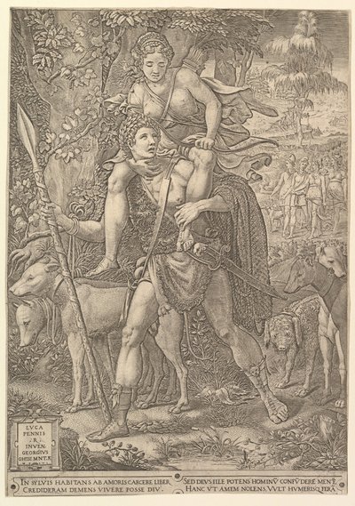 Metsästyksen allegoria, metsästäjä, jolla on suuri keihäs ja kantaa naista Dianaa shou..., 1556. tekijältä Giorgio Ghisi