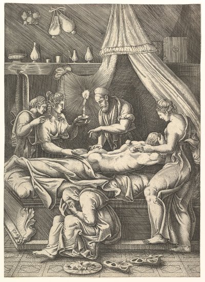 Allegoria sairaudesta, mies makaa sängyllä hahmojen ympäröimänä, n. 1540. tekijältä Giorgio Ghisi