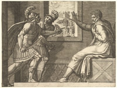 Caius Marius vankilassa, kaksi cimbrialaista sotilasta astumassa hänen selliinsä, 1560-69. tekijältä Giorgio Ghisi