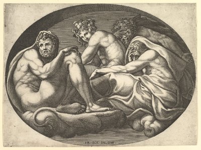 Hercules, Bacchus, Pan ja Saturnus, kahdeksan sävellyksen sarjasta Francesco P..., 1560-luvulla. tekijältä Giorgio Ghisi