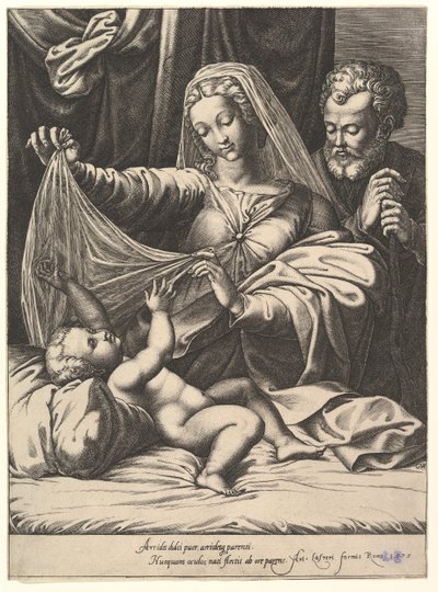 Madonna Loretolainen, Neitsyt nostaa verhon Lapsen päälle, joka makaa sängyllä ja tyynyllä..., 1575. tekijältä Giorgio Ghisi