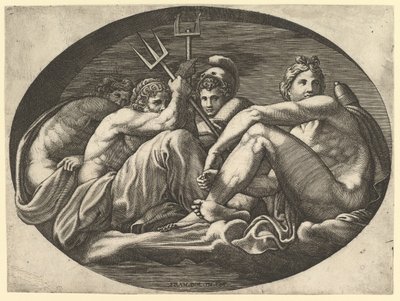 Pluto, Neptunus, Minerva ja Apollo, kahdeksan sävellyksen sarjasta Francesco P..., 1560-luvulta. tekijältä Giorgio Ghisi