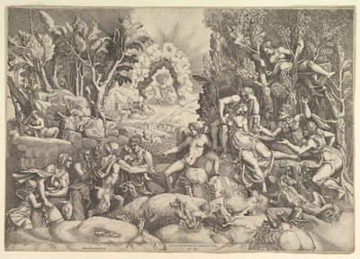 Prokriksen kuolema, Cephalus suree Prokriksen kuolemaa oikealla ympäröimänä..., noin. 1540. tekijältä Giorgio Ghisi