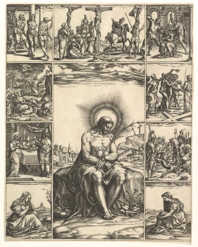 Surujen mies, Kristuksen kuva, jota ympäröi yhdeksän vinjettiä, jotka kuvaavat... kohtauksia, vuonna 1575. tekijältä Giorgio Ghisi