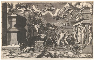 Näky Hesekielistä, ryhmä ruumiita ja luurangoja, jotka nousevat esiin haudoista, niiden yläpuolelta..., 1554. tekijältä Giorgio Ghisi