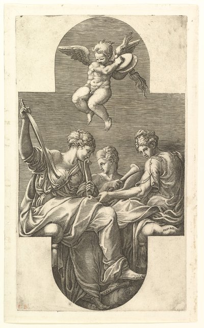 Kolme muusaa ja putto symbaaleilla, ristinmuotoinen sävellys kahdeksan sarjasta, 1560-luvulta. tekijältä Giorgio Ghisi