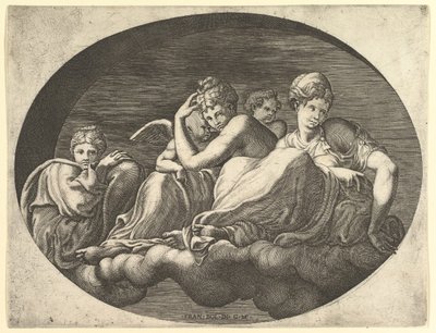 Venus ja Cupid, kaksi muuta jumalatarta ja putto, kahdeksan sävellyksen sarjasta 1560-luvulta. tekijältä Giorgio Ghisi