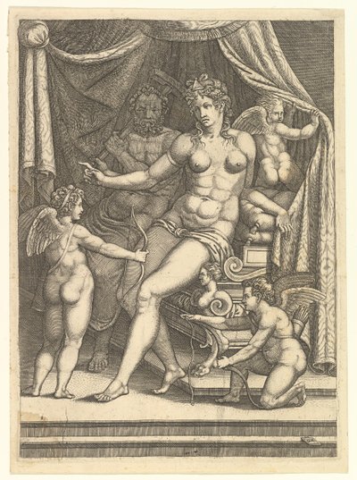 Venus ja vulkaani istuvat sängyllä ja kolme puttia, 1550-luvun puoliväli. tekijältä Giorgio Ghisi