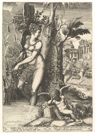 Ruusupensaan piikkien piiskaama Venus, taustalla Mars jahtaamassa Adonia, vuonna ..., 1556. tekijältä Giorgio Ghisi