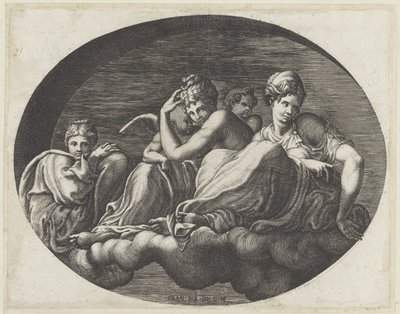 Venus, kaksi jumalatarta ja kaksi puttia Ovaaleja kattomaalauksia Fontainebleaun Galerie d