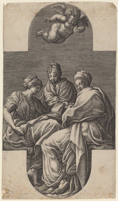 Kolme muusaa ja elehtivä putto tekijältä Giorgio Ghisi after Francesco Primaticcio